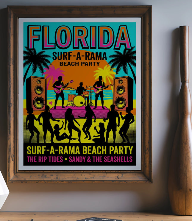 Florida Surf-A-Rama Beach Party poster featuring a band and dancers.