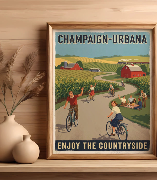 Champaign-Urbana vintage travel poster with people cycling and a picnic.