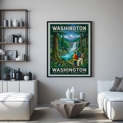 Poster of Olympic National Park waterfall scene with two hikers in foreground.