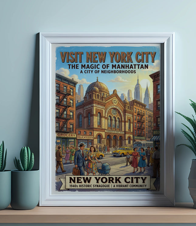 Visit New York City 1940s vintage poster depicting Manhattan street scene with synagogue.