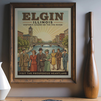 Elgin Illinois poster with historic buildings and people on the Fox River.