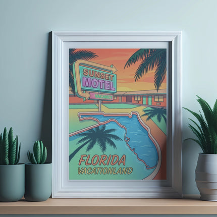 Retro Sunset Motel Vacationland sign with pool and palm trees.