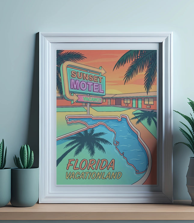 Retro Sunset Motel Vacationland sign with pool and palm trees.