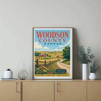Woodson County Kansas vintage travel poster with farms and fields.