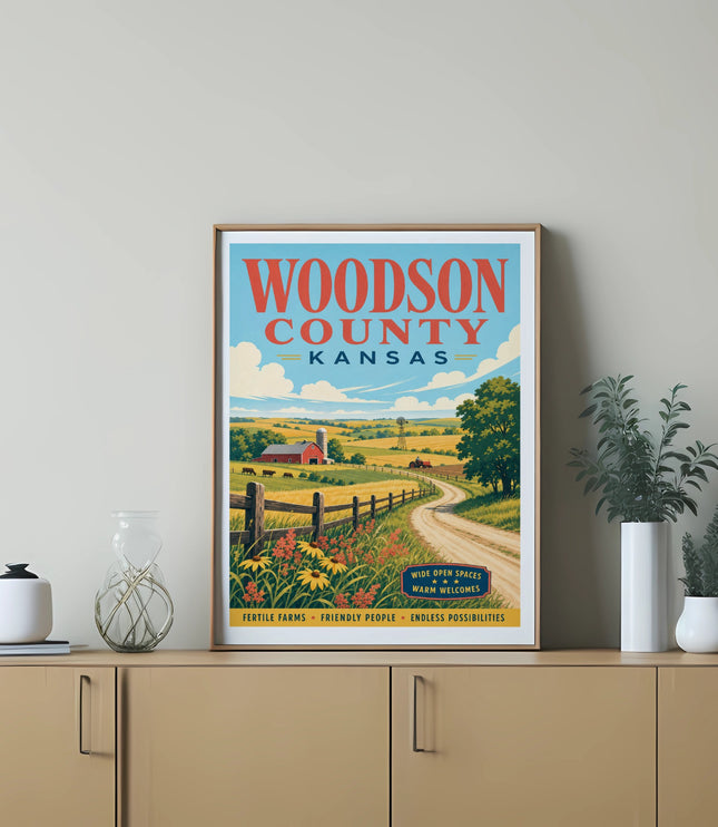 Woodson County Kansas vintage travel poster with farms and fields.