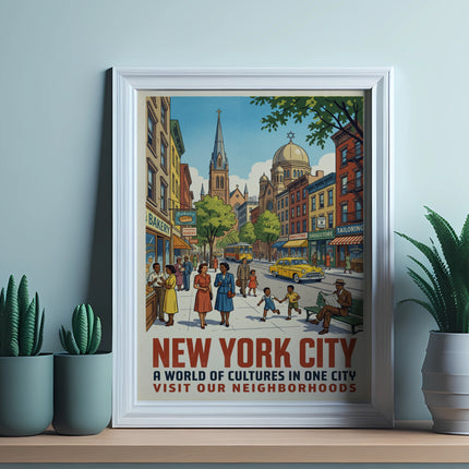 Framed New York City street scene poster with text "New York City Visit Our Neighborhoods".