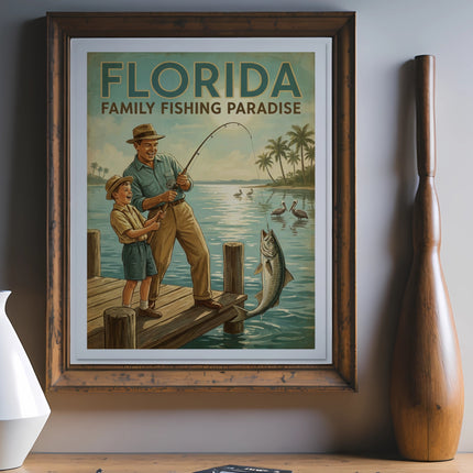 Vintage poster of man and boy fishing from a dock, "Florida Family Fishing Paradise."