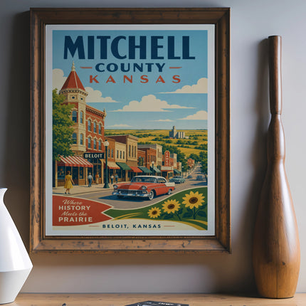 Vintage poster for Mitchell County, Kansas, featuring Beloit and sunflowers.