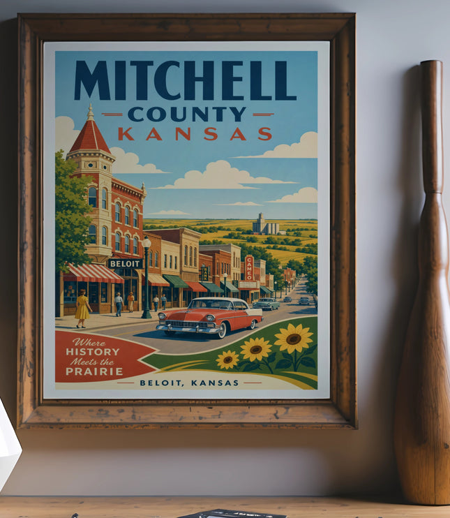 Vintage poster for Mitchell County, Kansas, featuring Beloit and sunflowers.