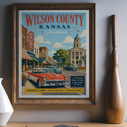 Vintage poster for Wilson County, Kansas, featuring Fredonia and a classic car.