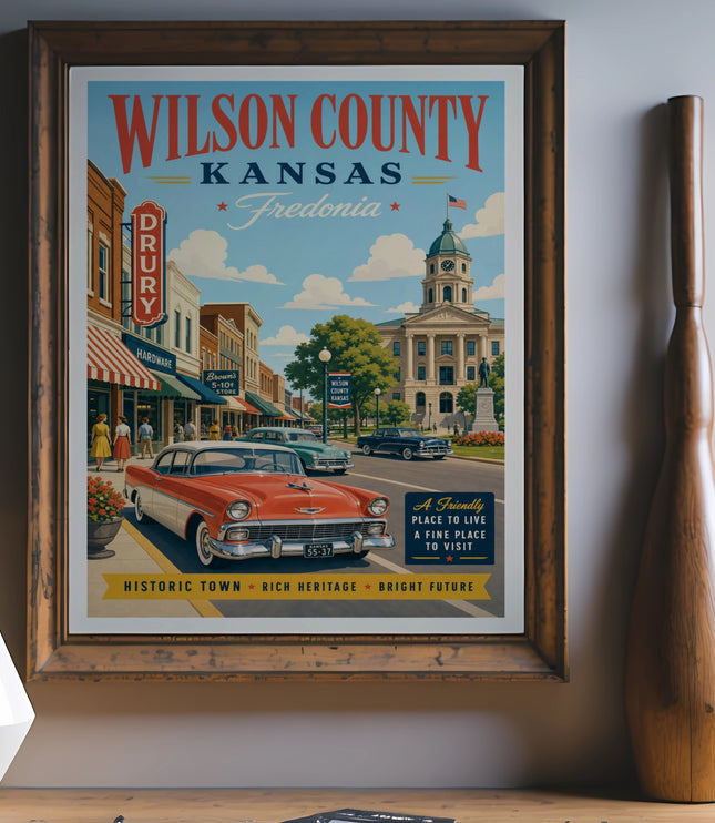 Vintage poster for Wilson County, Kansas, featuring Fredonia and a classic car.