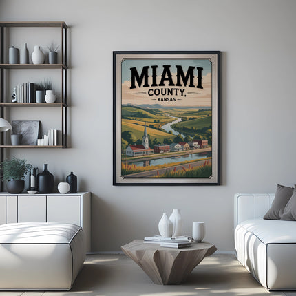 Framed poster for Miami County, Kansas featuring a pastoral landscape with a river and fields.