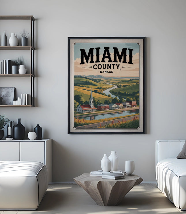 Framed poster for Miami County, Kansas featuring a pastoral landscape with a river and fields.