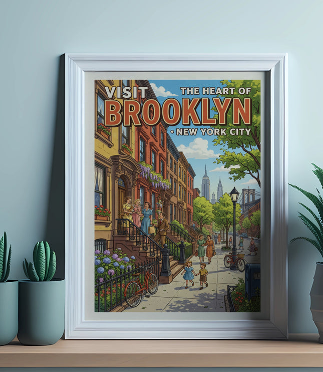 Visit Brooklyn New York City poster with brownstones, people, and skyline art.