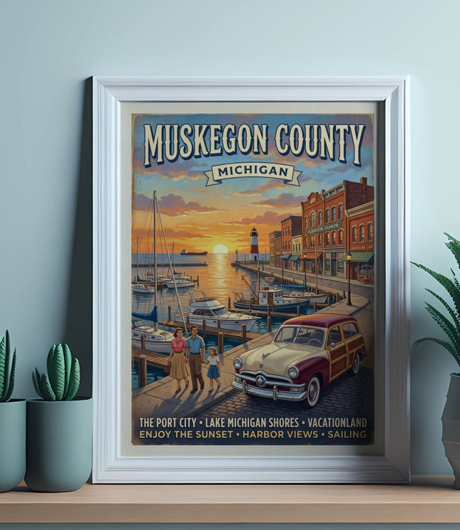 Vintage Muskegon County Michigan poster featuring a harbor scene, classic car, and family.