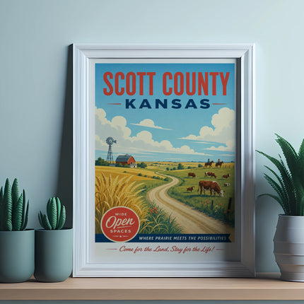 Scott County, Kansas poster with farm scene and "Wide Open Spaces" text.