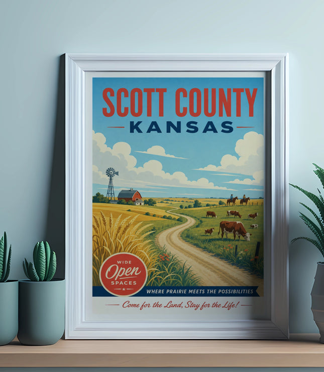 Scott County, Kansas poster with farm scene and "Wide Open Spaces" text.