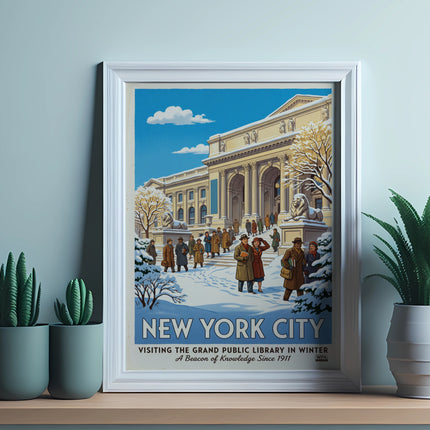 Vintage New York City Grand Public Library poster in winter.