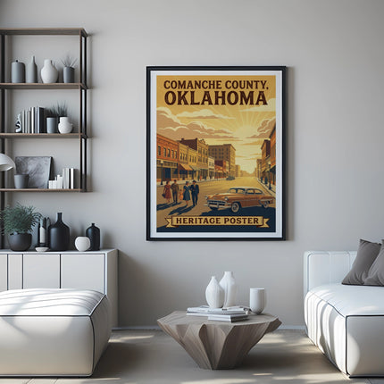 Comanche County, Oklahoma heritage poster with vintage car and street scene.