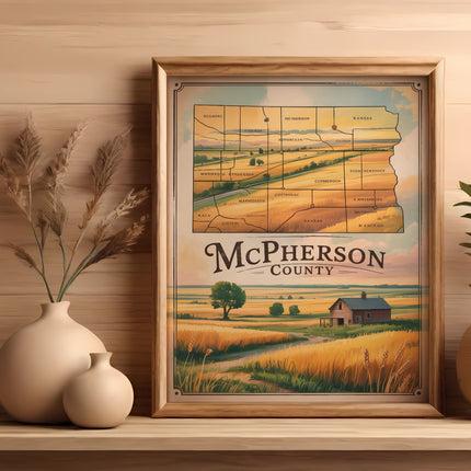 McPherson County, Kansas map on a wooden shelf with plants.