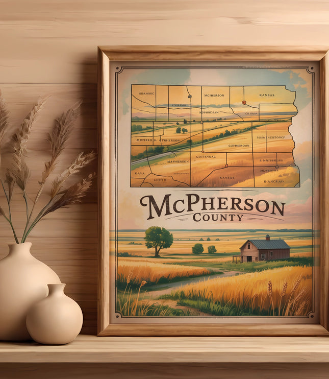 McPherson County, Kansas map on a wooden shelf with plants.