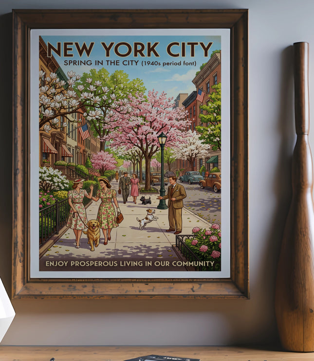 New York City Spring in the City illustrated 1940s vintage travel poster.