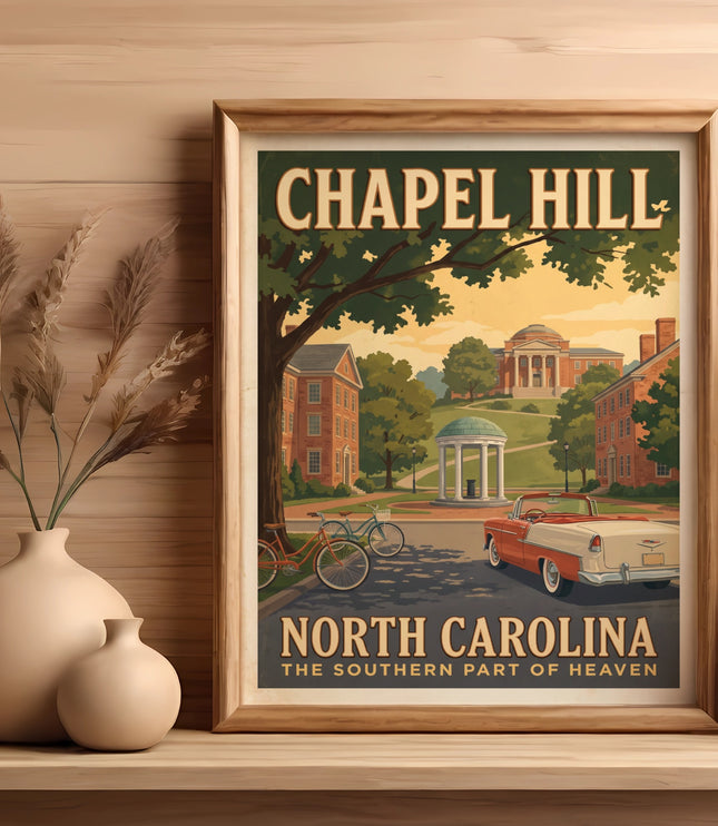 Chapel Hill North Carolina vintage poster with buildings, car, and bicycles.