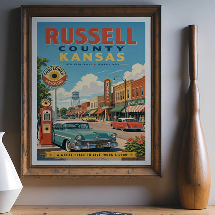 Retro poster of Russell, Kansas with vintage cars and buildings.