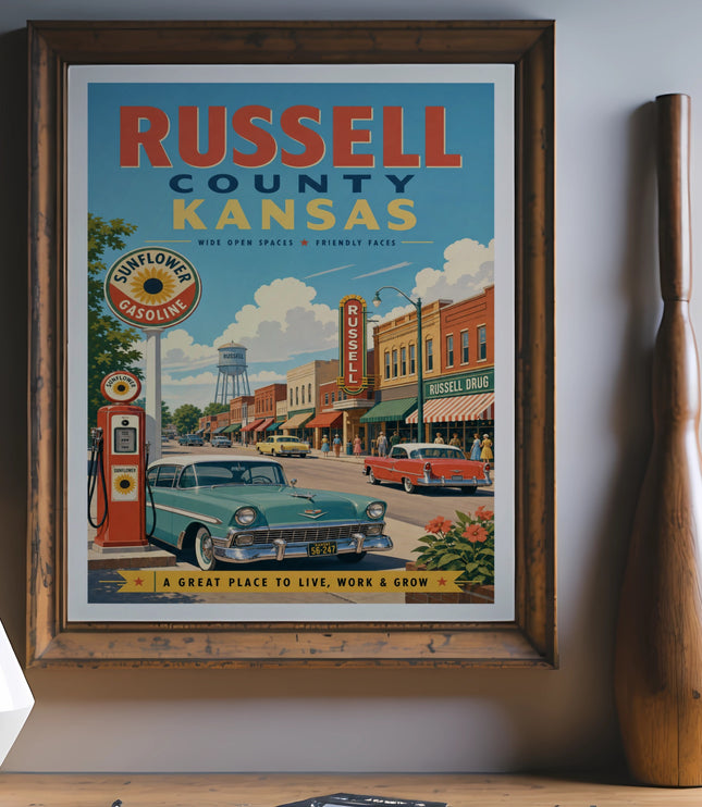 Retro poster of Russell, Kansas with vintage cars and buildings.