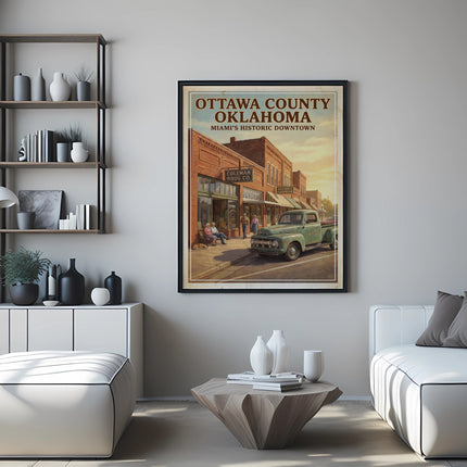Framed vintage poster of Ottawa County, Oklahoma historic downtown with a green truck.