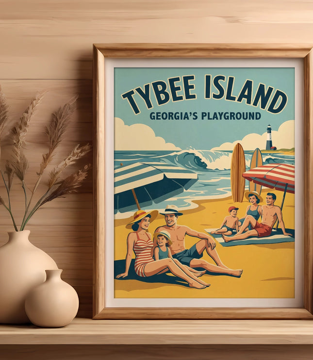 Retro poster of "Tybee Island Georgia's Playground" featuring a family at the beach.