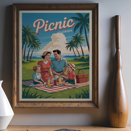 Vintage "Picnic Florida" poster featuring a family enjoying a picnic with palm trees.
