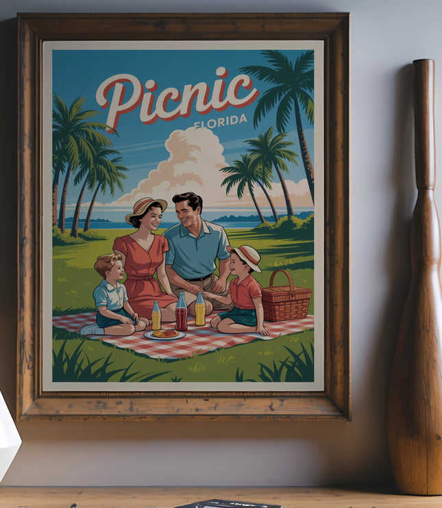 Vintage "Picnic Florida" poster featuring a family enjoying a picnic with palm trees.