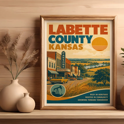 Labette County Kansas theatre poster with retro cars and sunset.