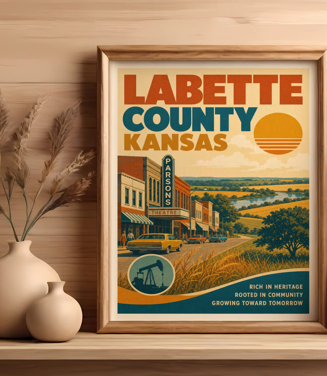 Labette County Kansas theatre poster with retro cars and sunset.