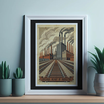 Vintage industrial factory illustration with train tracks and "Chicago: Heart of Industry" text.