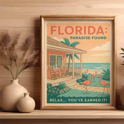 Framed Florida beach print with flamingos, porch, and palm trees.