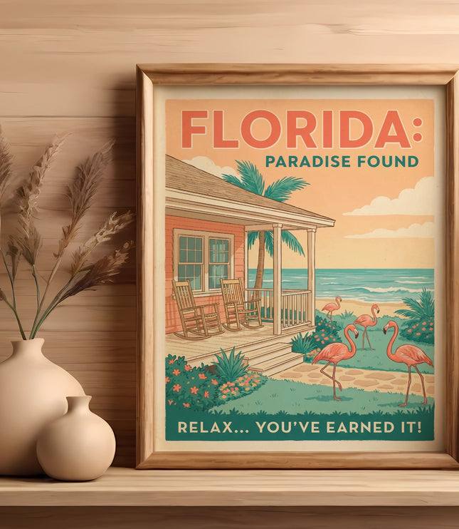 Framed Florida beach print with flamingos, porch, and palm trees.