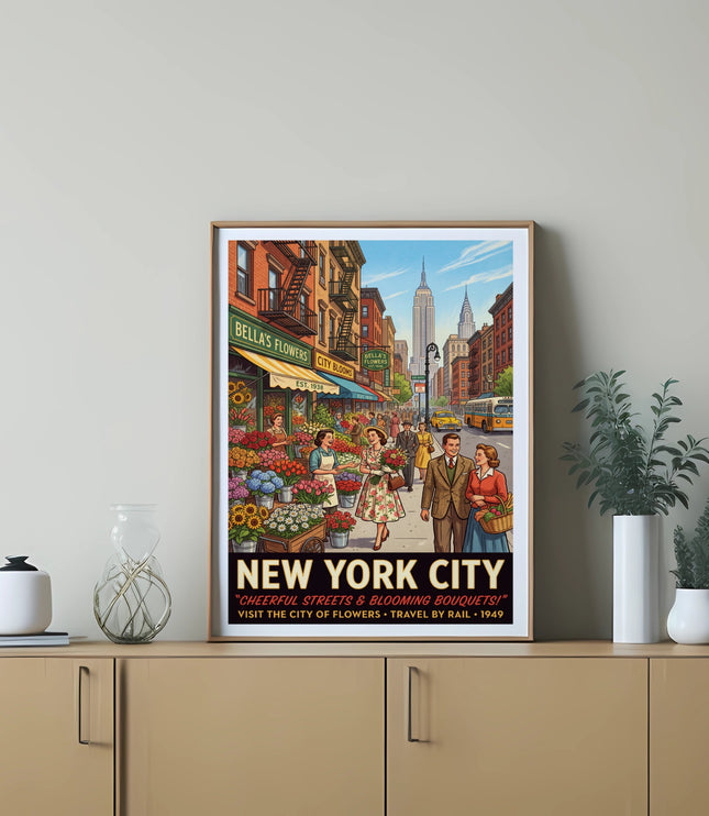 New York City vintage travel poster with flower stalls and Empire State Building.