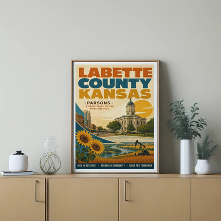 Labette County Kansas poster featuring Parsons, sunflowers, and a landscape.