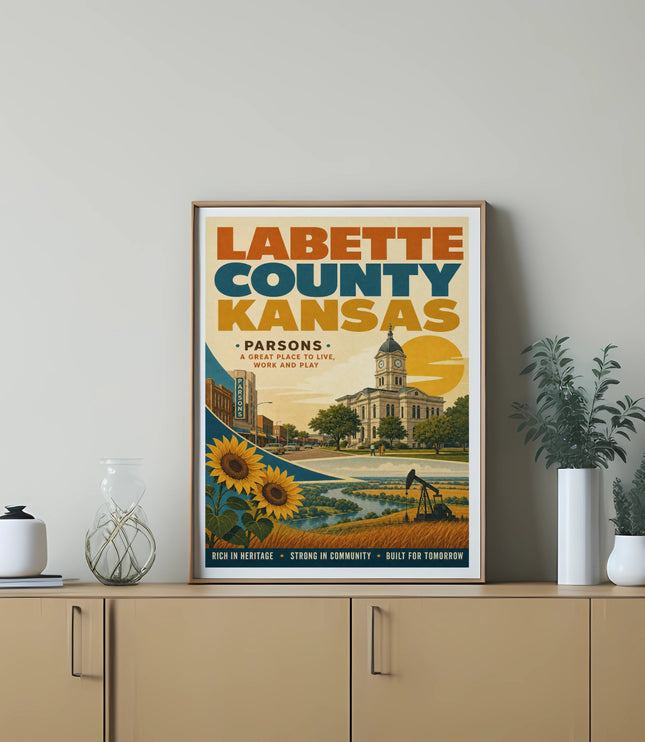 Labette County Kansas poster featuring Parsons, sunflowers, and a landscape.