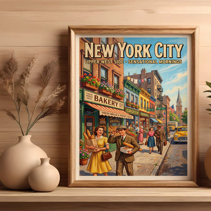 Vintage New York City poster showing busy street scene with bakery and people.