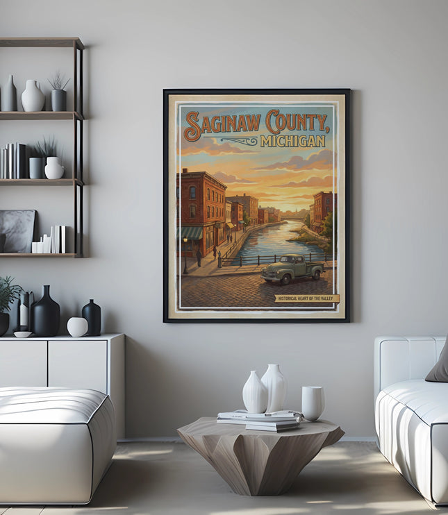 Framed vintage poster of Saginaw County, Michigan with a canal, buildings, and truck.