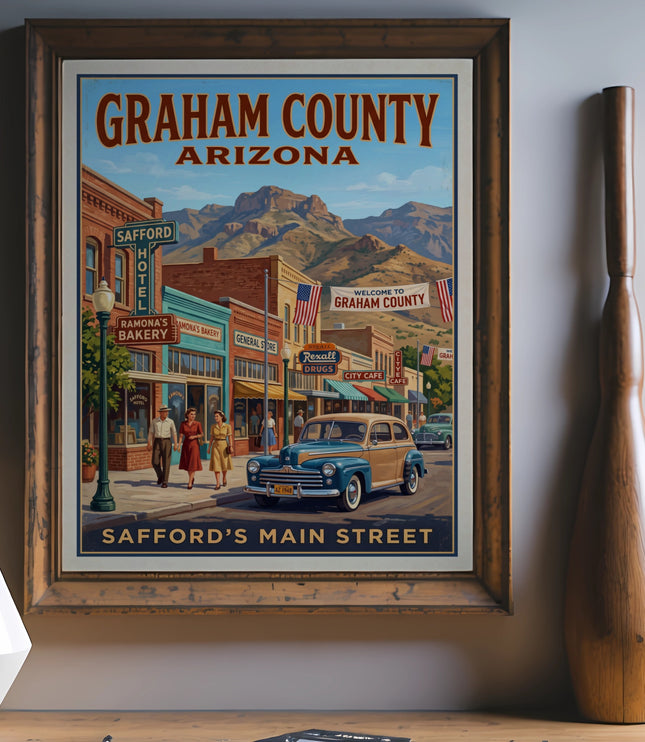 Vintage poster of Safford's Main Street, Graham County, Arizona with classic cars and buildings.