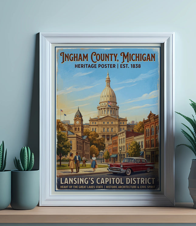 Ingham County, Michigan heritage poster featuring Lansing's Capitol District.
