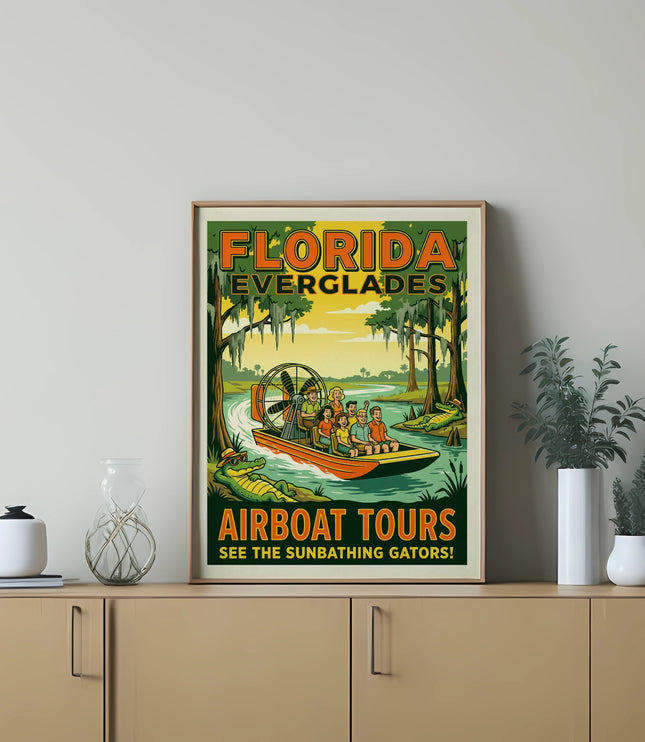 Florida Everglades airboat tours poster with people and sunbathing gator.