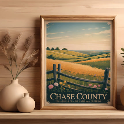 Framed artwork of rolling hills with a fence and wildflowers, labeled "Chase County".