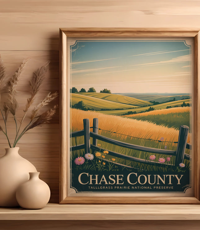 Framed artwork of rolling hills with a fence and wildflowers, labeled "Chase County".