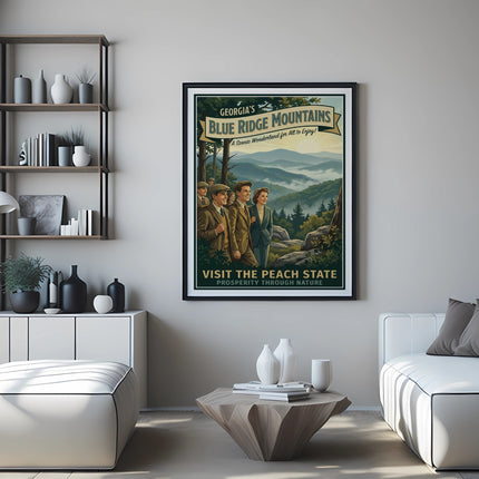 Georgia Blue Ridge Mountains vintage travel poster with people and scenic landscape.