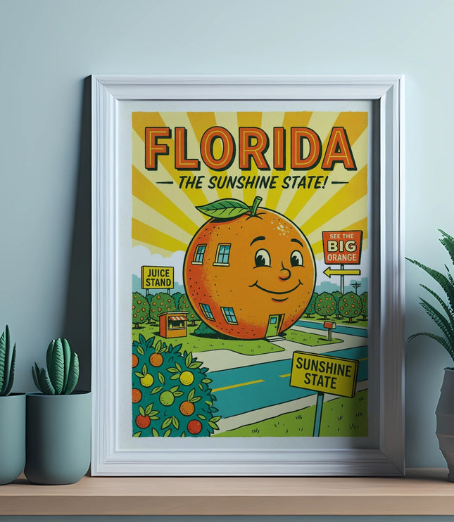 Florida Sunshine State vintage poster with a smiling giant orange, juice stand, and orange grove.